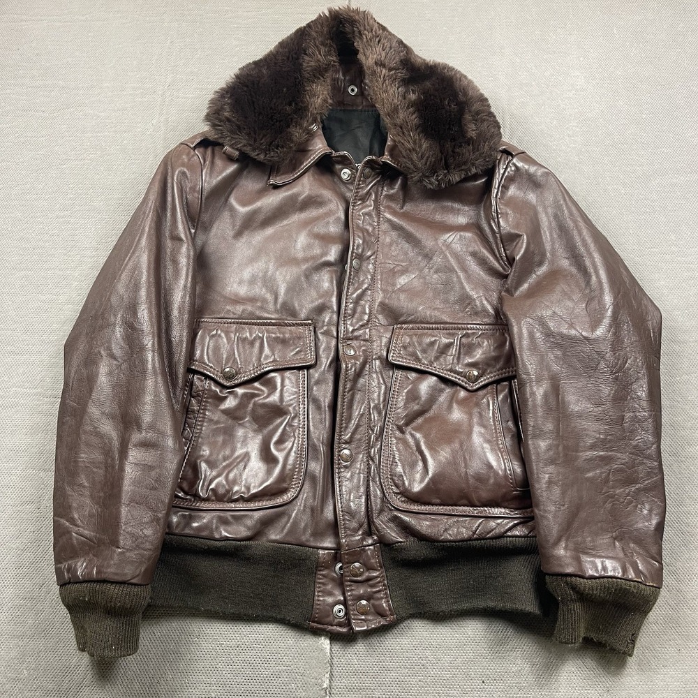 Brooks Leather Sportswear Jacket Mens 42 Brown Motorcycle Zip Up USA Fur‎ Collar